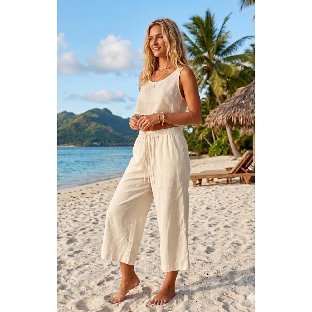 H&M Ivory linen Blend wide leg cropped pants Sz XL Clean Girl Boho Resort Vacay